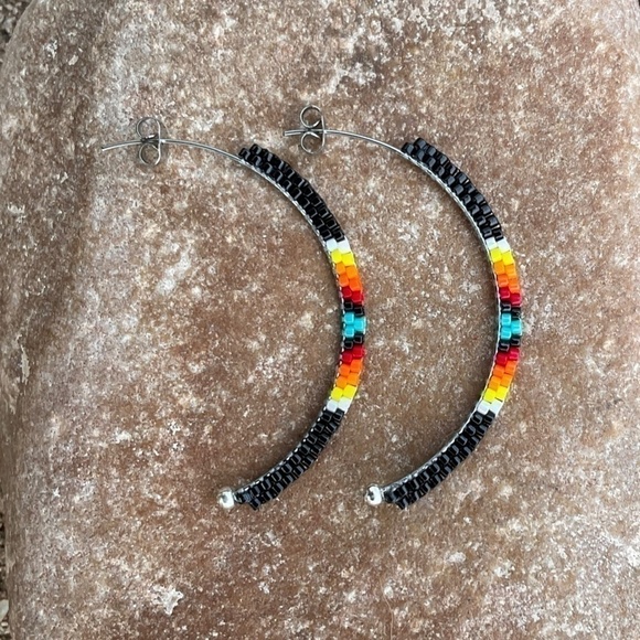 Black with Native Colors Bead Half Hoops, New, Handmade By Me - Picture 11 of 11